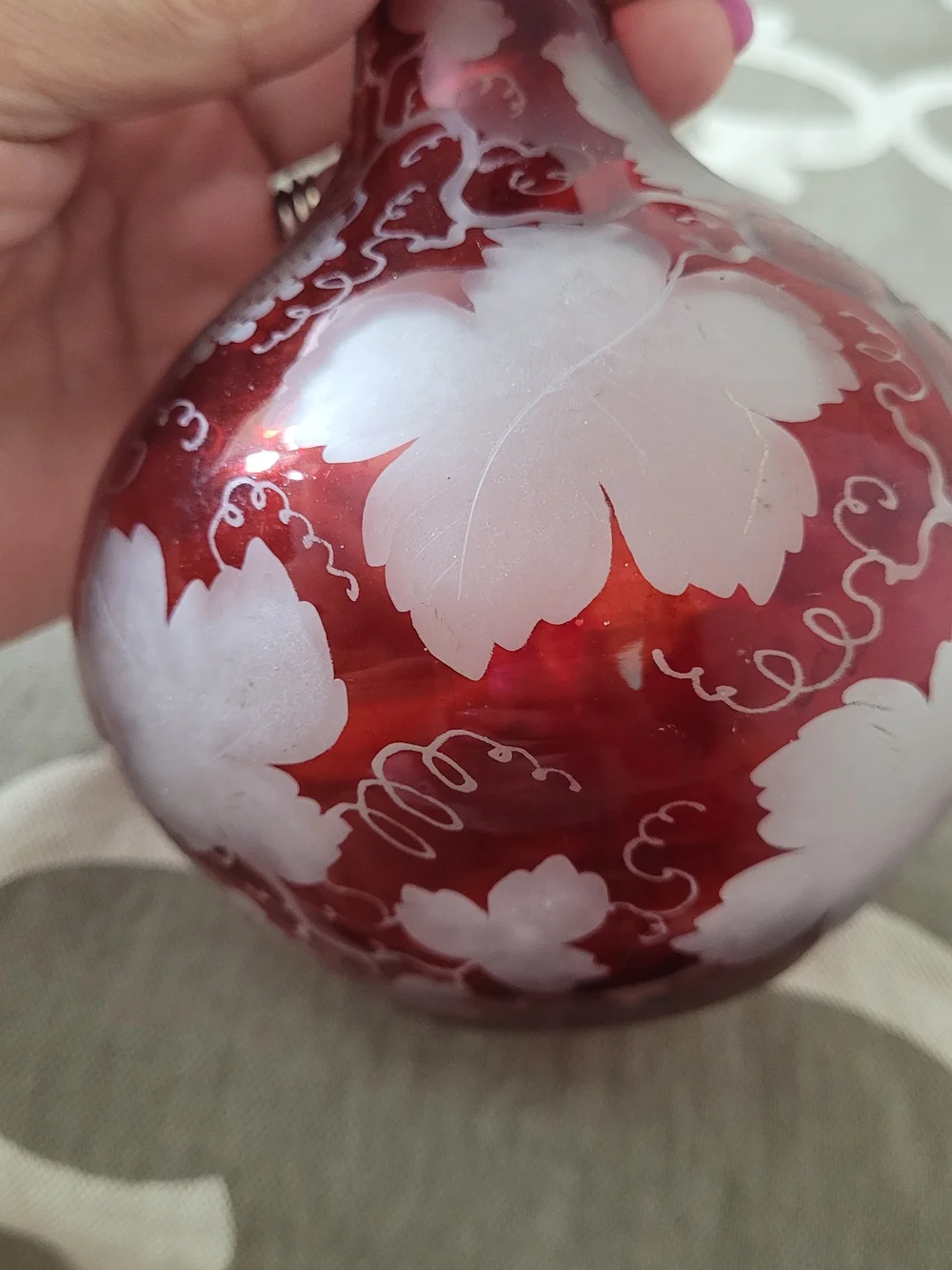 Ruby Red Etched Glass Vintage Bohemian Style Decanter